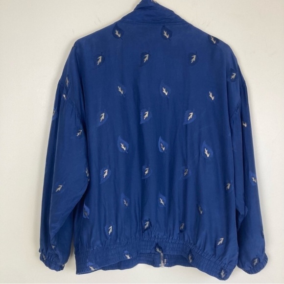 Vintage 90s Silk Bomber Windbreaker Jacket Navy Gold Leaf Print Gorpcore Sz M - Picture 7 of 16